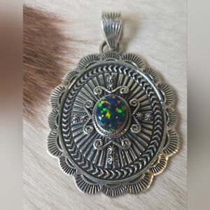 Sterling Silver Black Fire Opal Concho Necklace Pendant
